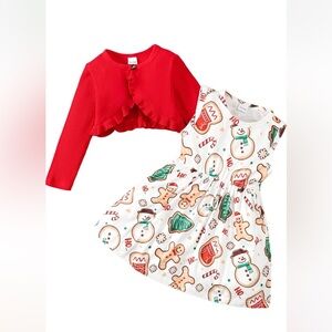 Girls Festive Red & White Holiday Print Dress (Red Cardigan not included)